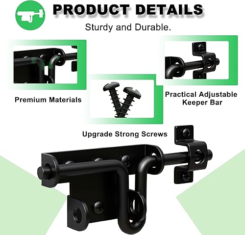 Miniatura 3 de Cerradura deslizante de alta resistencia negra, pestillo de puerta deslizante con agujero para candado, herrajes sólidos, cerrojo deslizante de
