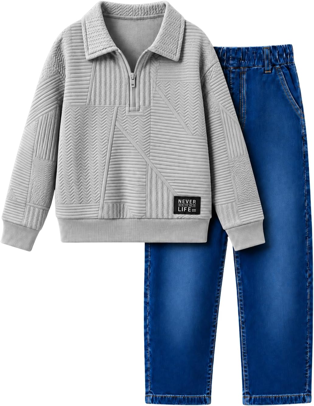 Boy Outfits Long Sleeve Half-zip Solid Sweatsuits Tops and Jean Pants Fall Winter Clothing Set Sizes 7-14 Years