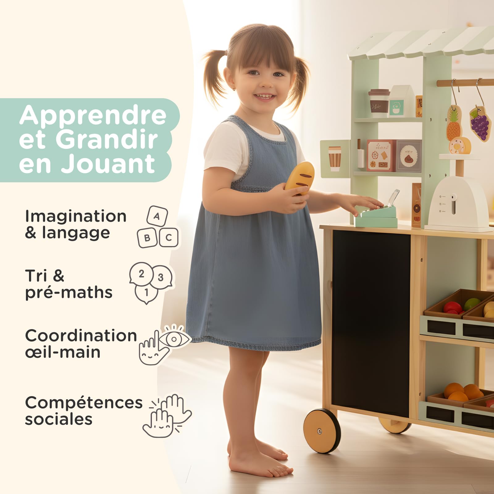 Nene Toys Marchande Enfant en Bois – Stand Marchande / Épicerie Tout-en-Un avec Caisse enregistreuse, Balance, Ardoise, Bacs inclinés & Roulettes – Côté réversible avec Four – Jouet 3–7 ans