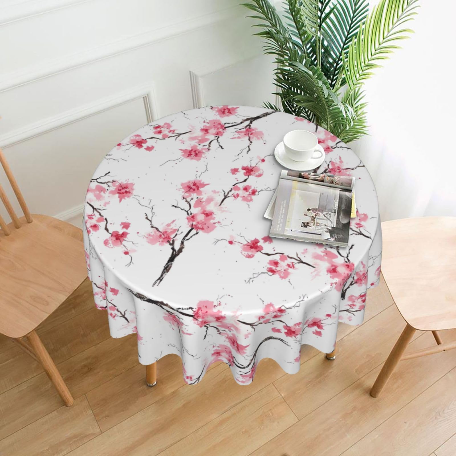 Hjfczh Black Beautiful Cherry Blossoms Prints Round Table Throw 60 Inch - Waterproof Table Cover - Soft & Wrinkle Resistant Decor Layer For Dinners, Parties & Everyday Use