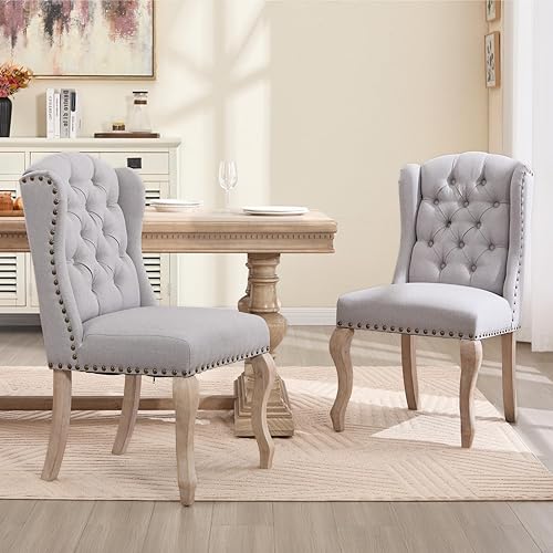 Miniatura 12 de chairus Parsons - Juego de 2 sillas de comedor tapizadas estilo rústico francés con ribete de cabeza de clavo y patas de madera curvas, sillas de