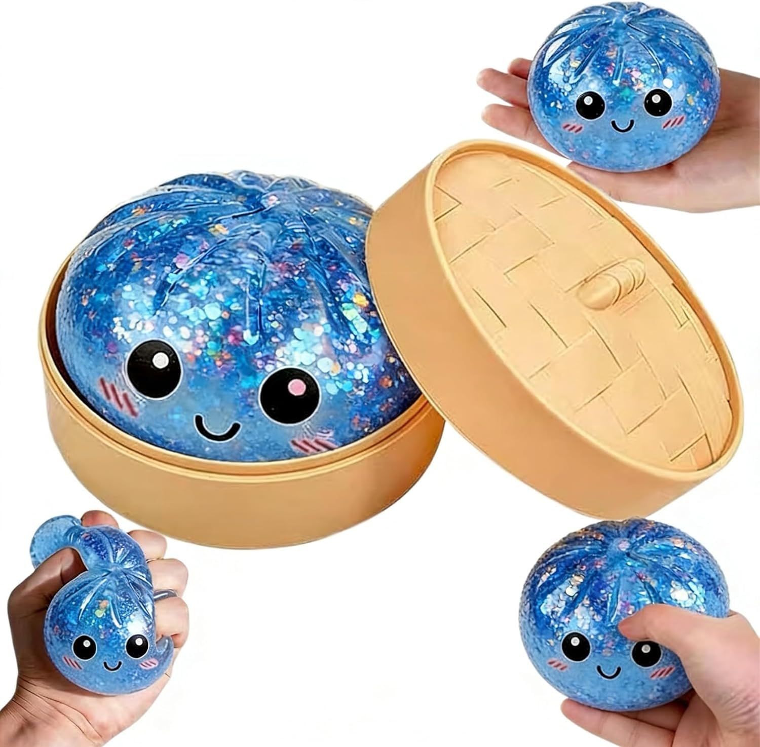 Dumpling Squishy,Dumpling Squishy Mystery Box， Glitter Sensory Fidget Balls Stress Relief Hand Toy for Adults & Teens, Easter BasketStuffers with Mini Food Steamer Stretchy Desk Toys (Gold Style 2) — view 8