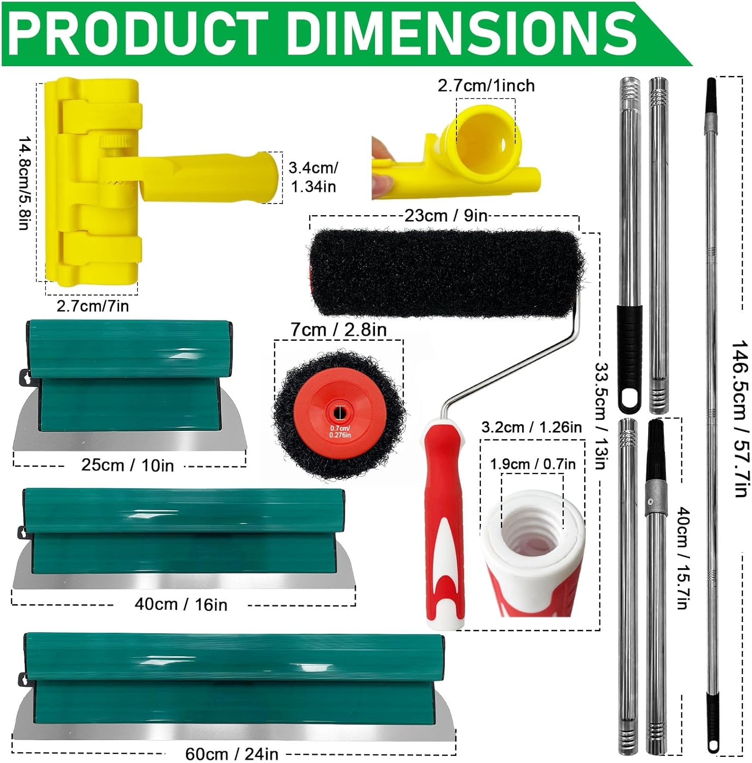 Skimming Blade Set, 10/16/24 Skimming Blade, 9 inch Drywall Roller, 27.5-57.7 inch Extension Pole Handle, Drywall Finishing Tools for Plasterboard and Wallboard