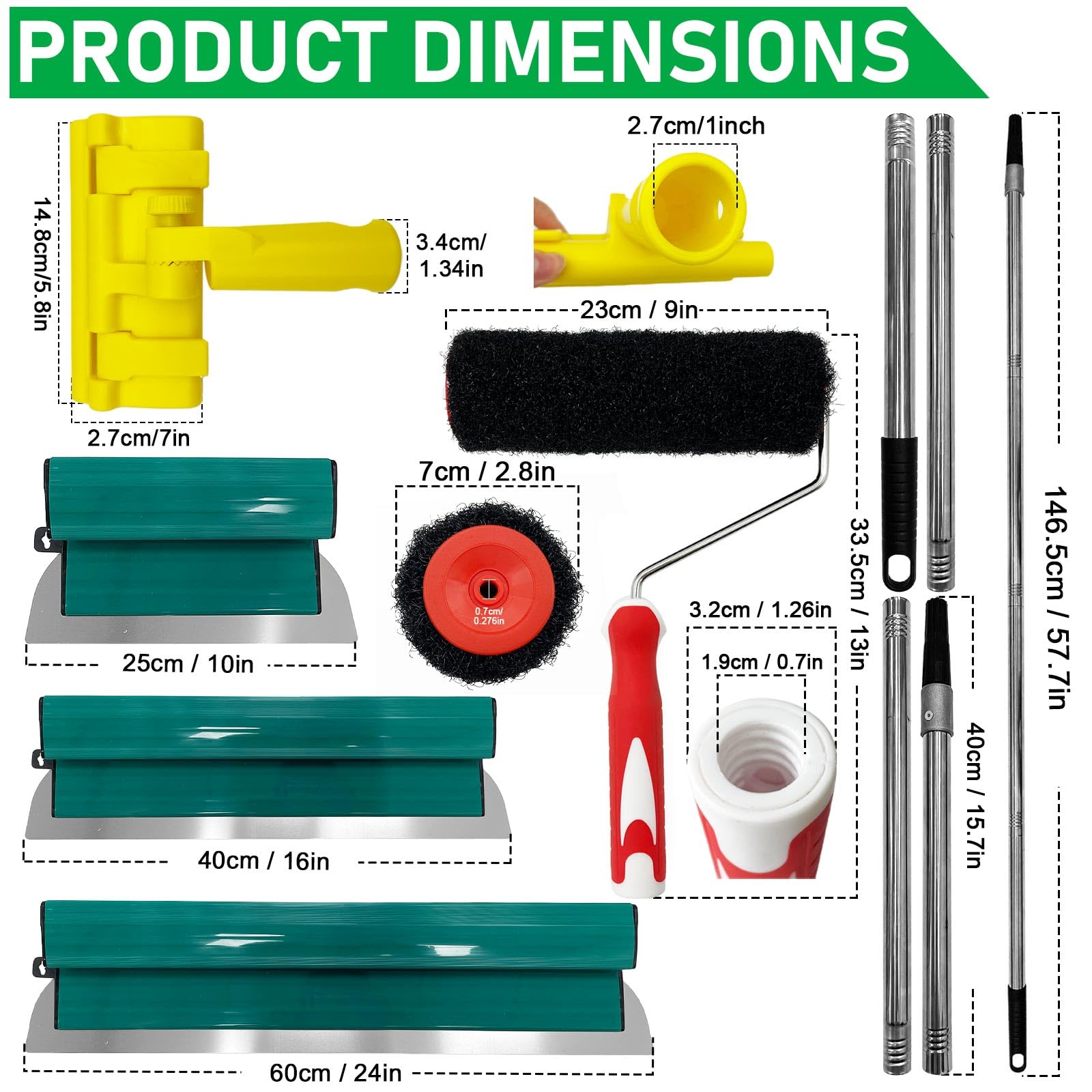 Lame d'écrémage pour cloison sèche, lame en acier inoxydable de 0,4 mm, truelle lisse et démontable pour cloison sèche pour décoration murale de zone de travail (vert, 25,4 cm + 40,6 cm + 61