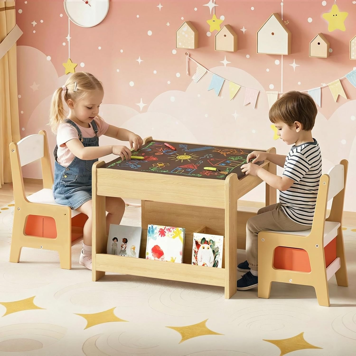 HOOBRO Kids Table and Chairs, Wooden Kids Table and 2 Chairs with Double-Sided Tabletop, Toddler Table and Chair Set with Storage Drawers & Bookshelf for Arts, Reading, Playroom, Natural WN02KT01