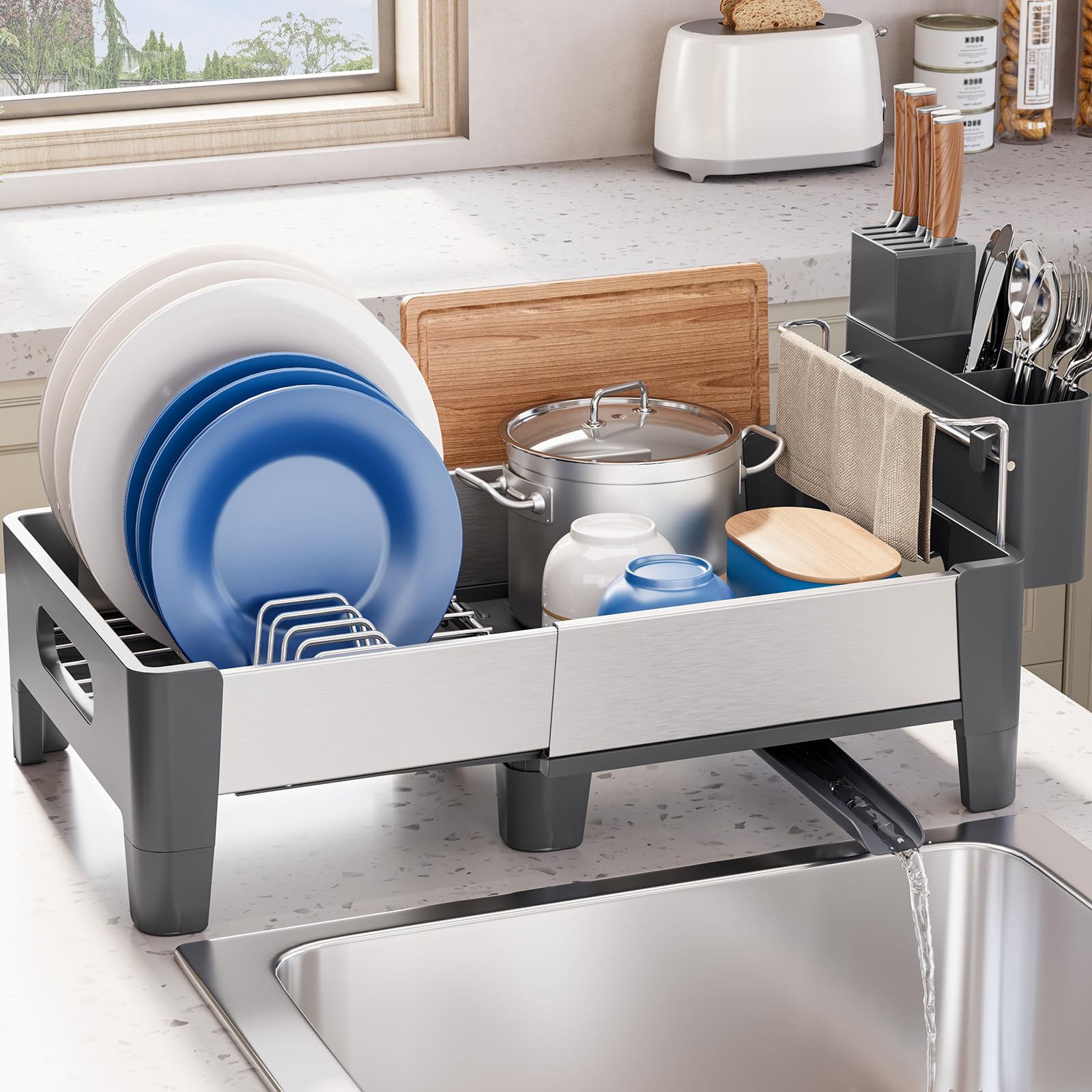 Urackify Abtropfgestell, Grau | Erweiterbar, Edelstahl mit Aluminiumrahmen, Platzsparender Dish Rack mit Utensilienhalter