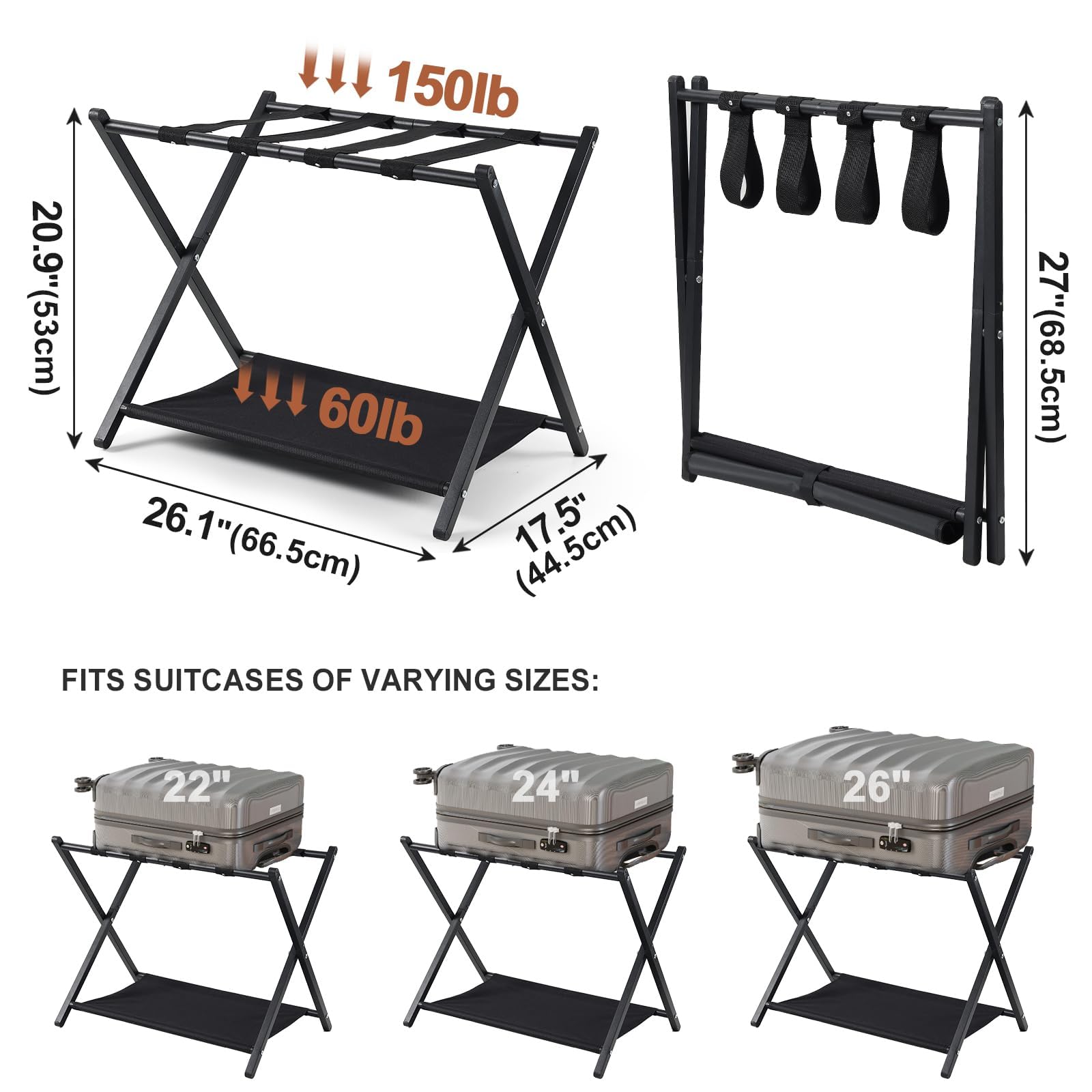 Supporto per Valigie DAKEPOLE - 2 Pezzi, Supporto Pieghevole per Valigie in Bambù per Camera da Letto, Camera degli Ospiti, Metallo Cromato, Pieghevole