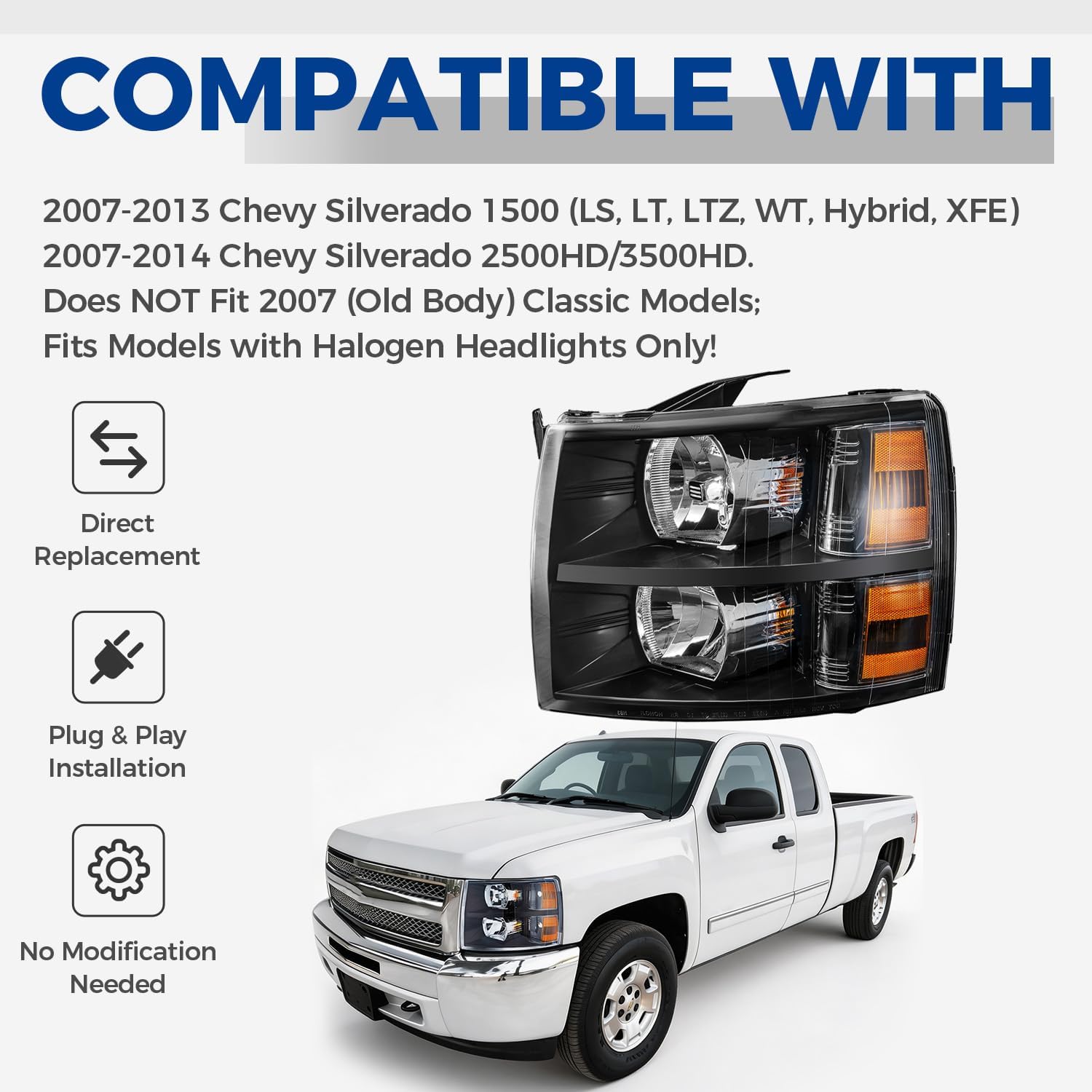 Headlights Assembly with High/Low Beam Bulbs for 2007-2013 Chevy Silverado 1500/2007-2014 Silverado 2500 HD 3500 HD, OE Style Replacment Headlamps Pair, Black Housing/Amber Reflector