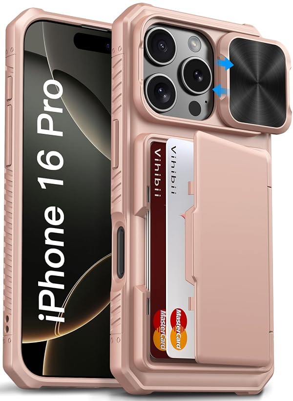 Vihibii for iPhone 16 Pro Case Wallet with Card Holder (4 Cards) [RFID Blocking] & Slide Camera Cover, Military Grade Drop Protection, Rugged Back & Silicone Edge Case, 6.3", Rose Gold by Vihibii - Used condition - CA$25.12