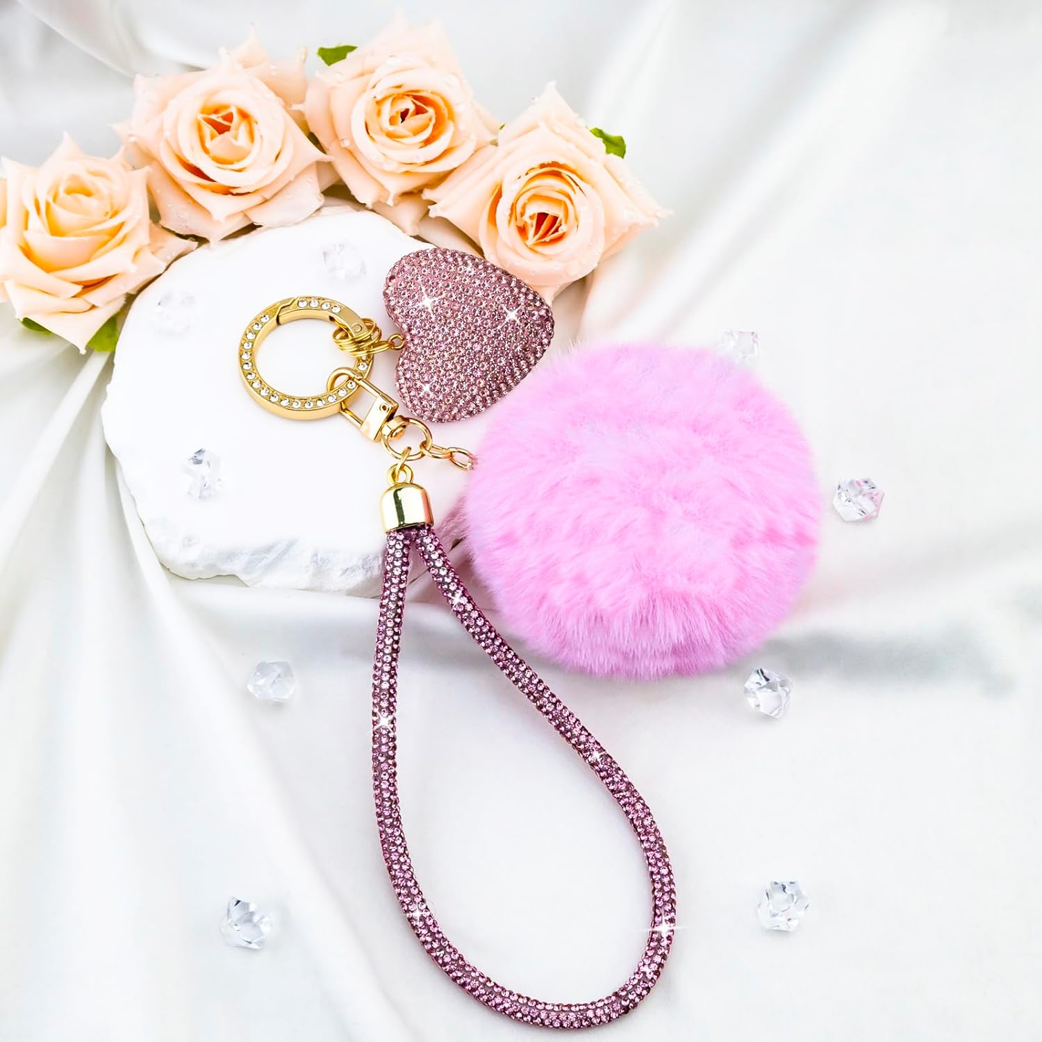 Cute Heart Keychains for Women & Girls, Bling Bag Charms with Wristlet Keys, Purse Charms for Handbags, Pompom Key Chain - Image 4