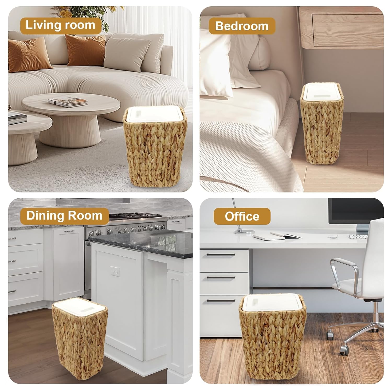 Small Trash Can with Lid, 3 Gallon Slim Trash Garbage Can Narrow Rubbish Waste Bin Basket with Press Top, Compact Woven Wicker Wastebasket Wastepaper Basket for Bathroom Bedroom Office