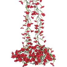 2 Pcs Artificial Vines Outdoors 11.8ft Silk Morning Glory Flowers Red Fake Hanging Garland with Eucalyptus Leaves UV Resistant Faux Plants Trailing Vines for Wall Fence Porch Garden Decor