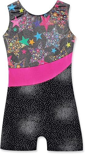 Belovance Maillots de gimnasia para niñas con pantalones cortos, patrón brillante de mariposas y flores, sin mangas, biketards, rosa intenso negro