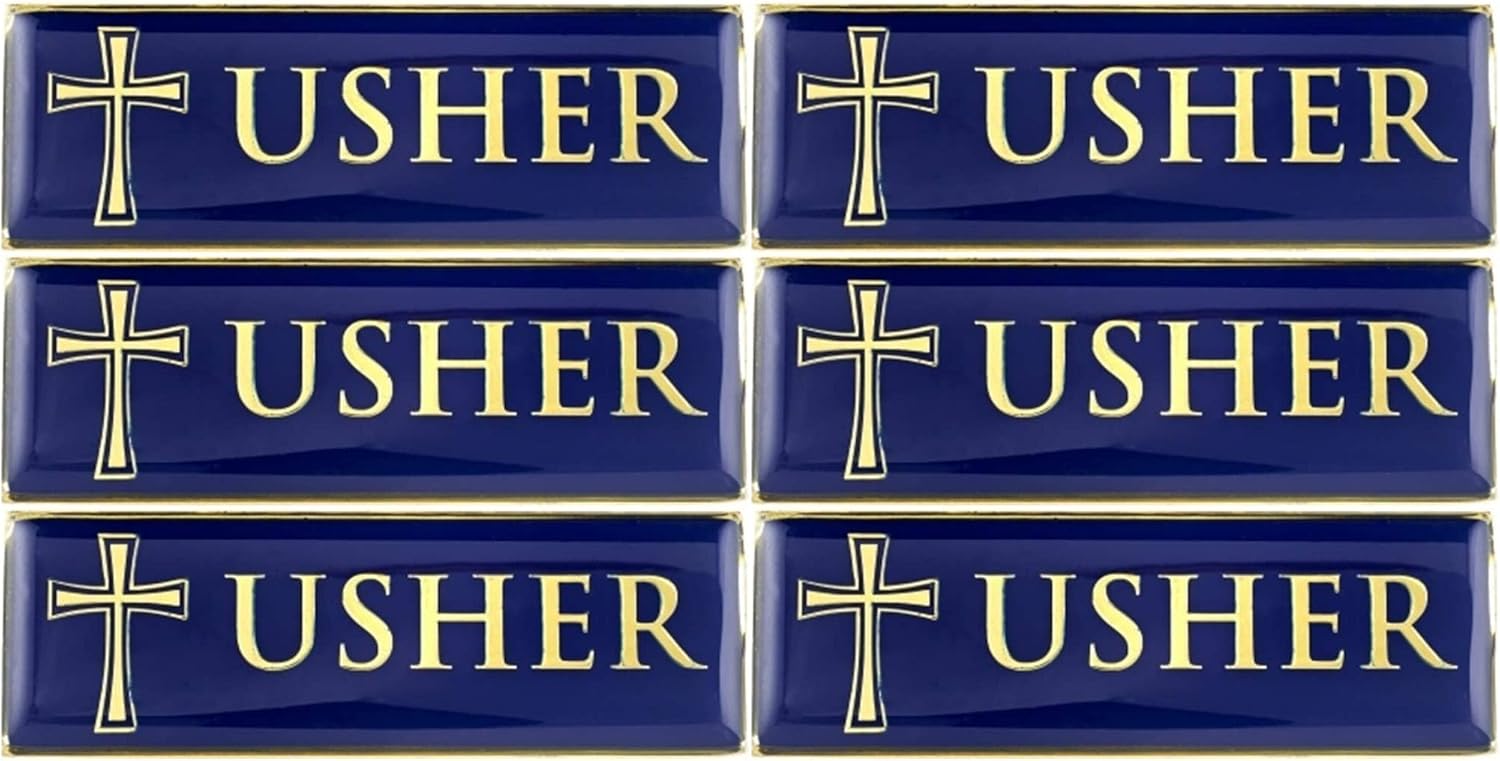 Gold Tone and Blue Enamel Metal Magnetic Badge for Church Volunteer or Elder, 3 Inch (Pack of 6, Usher)