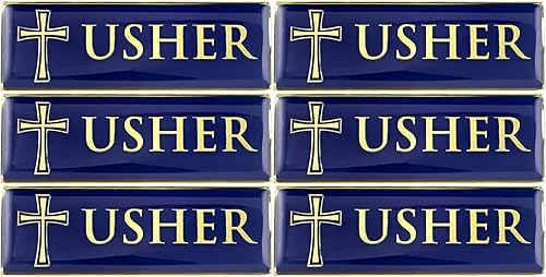 Insignia magnética de metal esmaltado dorado y azul para voluntarios de iglesia o ancianos, 3 pulgadas (paquete de 6, Usher)