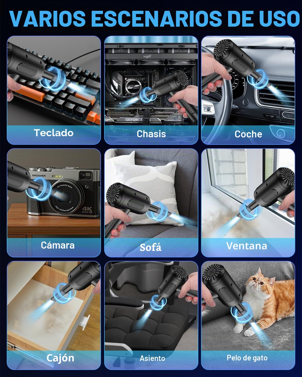 Soplador de Aire para pc, 3 Velocidades 91000 U/min Aire Comprimido Limpieza pc Air Duster, Plumero Electrico USB Recargable con batería de 6000mah para computadora portátil, Teclado, automóvil