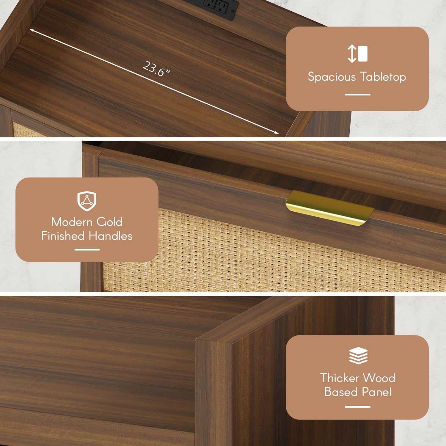 Close-up view of the nightstand's features including the spacious tabletop, modern gold-finished handles, and thicker wood-based panels.