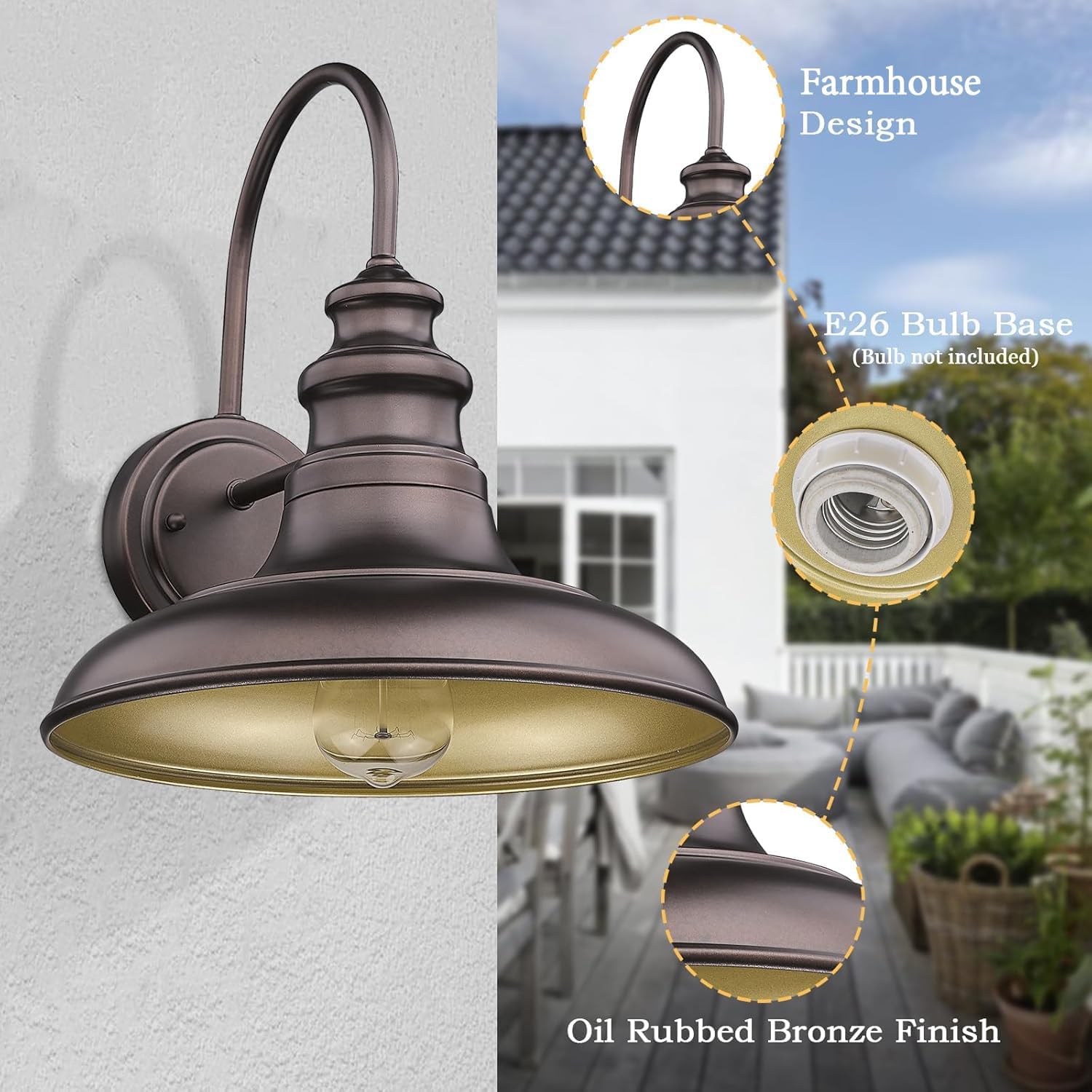 Outdoor Barn Light Fixture Farmhouse Wall Mount Light Wall Sconce Exterior Wall Lighting Fixture Industrial Bronze Finish Lantern for Porch with Gold Interior, 1Pack, RZ004 ORB