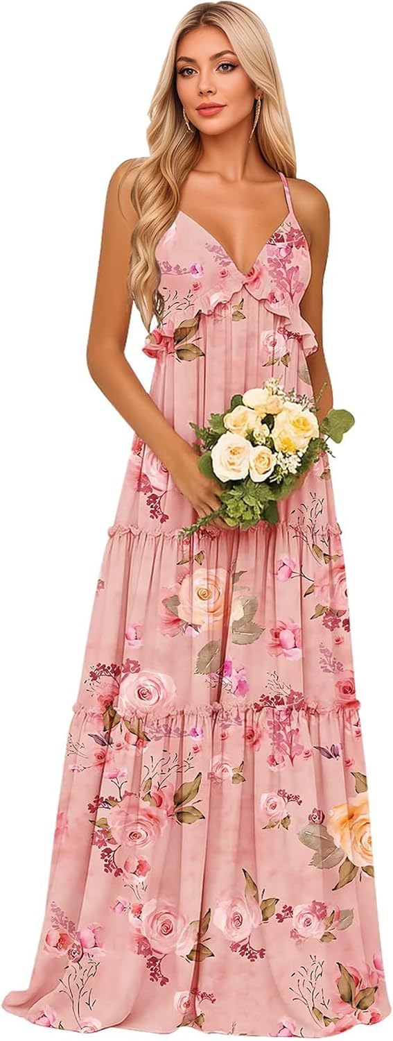 XindinerTiered Chiffon Bridesmaid Dresses for Women Spaghetti Straps Formal Dresses V Neck Wedding Guest Dress XD18