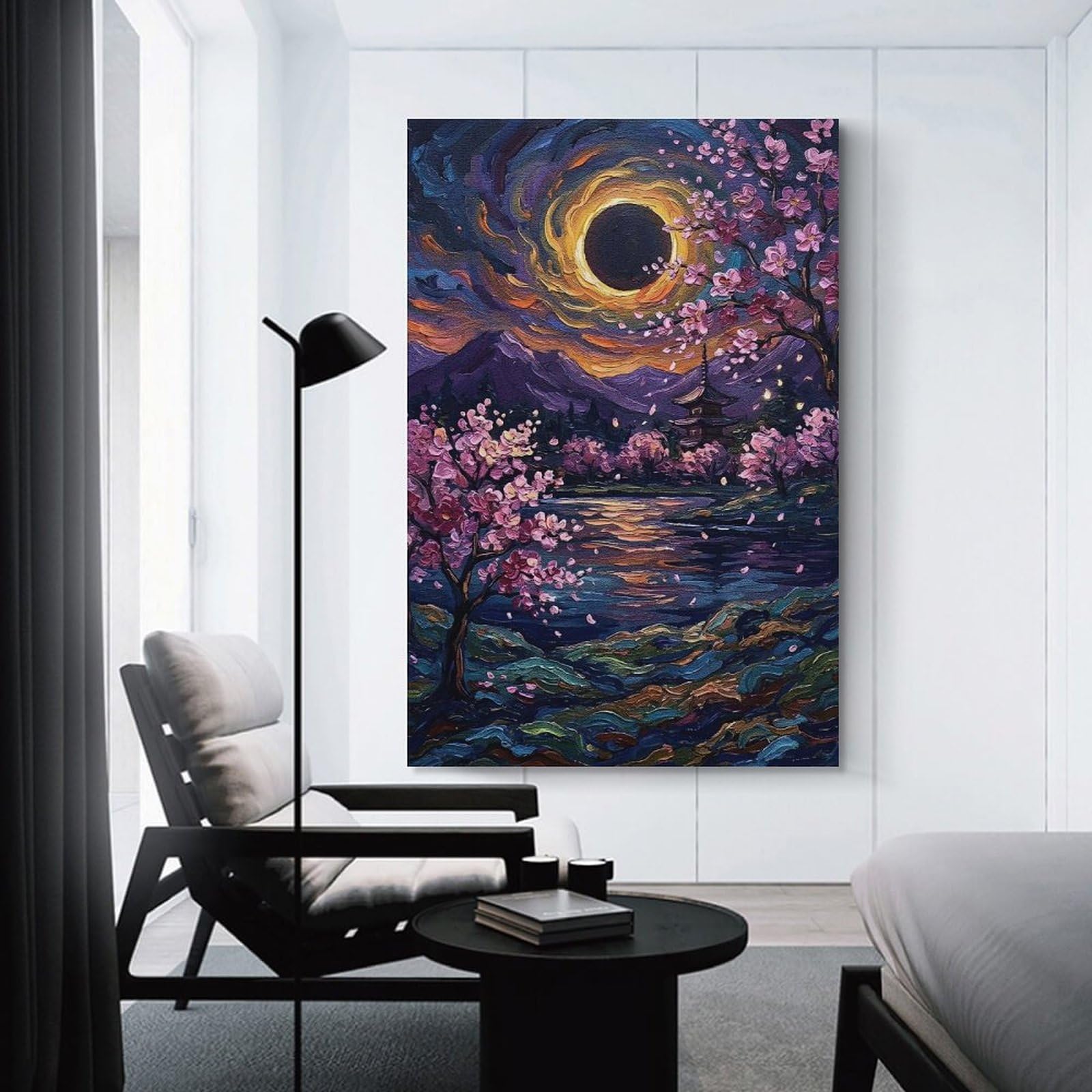 Junmoney Cherry Blossoms And Eclipse Painting Hanging Wall Art, 24x36inch(60x90cm), for Home Walls, Creative Rooms Or Shared Spaces, A Flexible Wall Accent for Shared Spaces