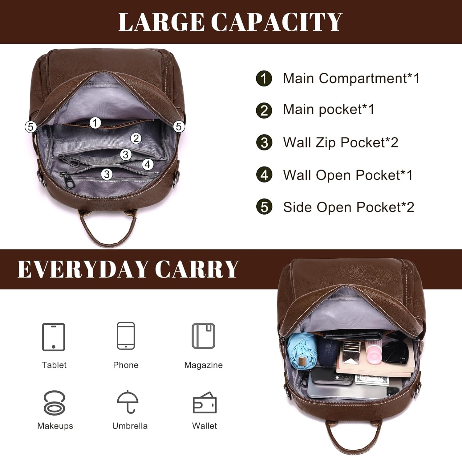 BOYATU Genuine Leather Backpack Purse for Women: Anti Theft Convertible Soft Backpacks - Elegant Womens Travel Backpack (05 Medium-Ebony Brown) - Image 4