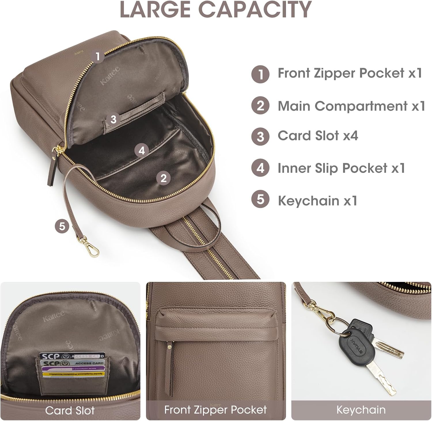 Kattee Sling Bag for Women, Leather Crossbody Purses for Women, Sling Backpack Travel Bag with RFID Blocking, Khaki - Image 6