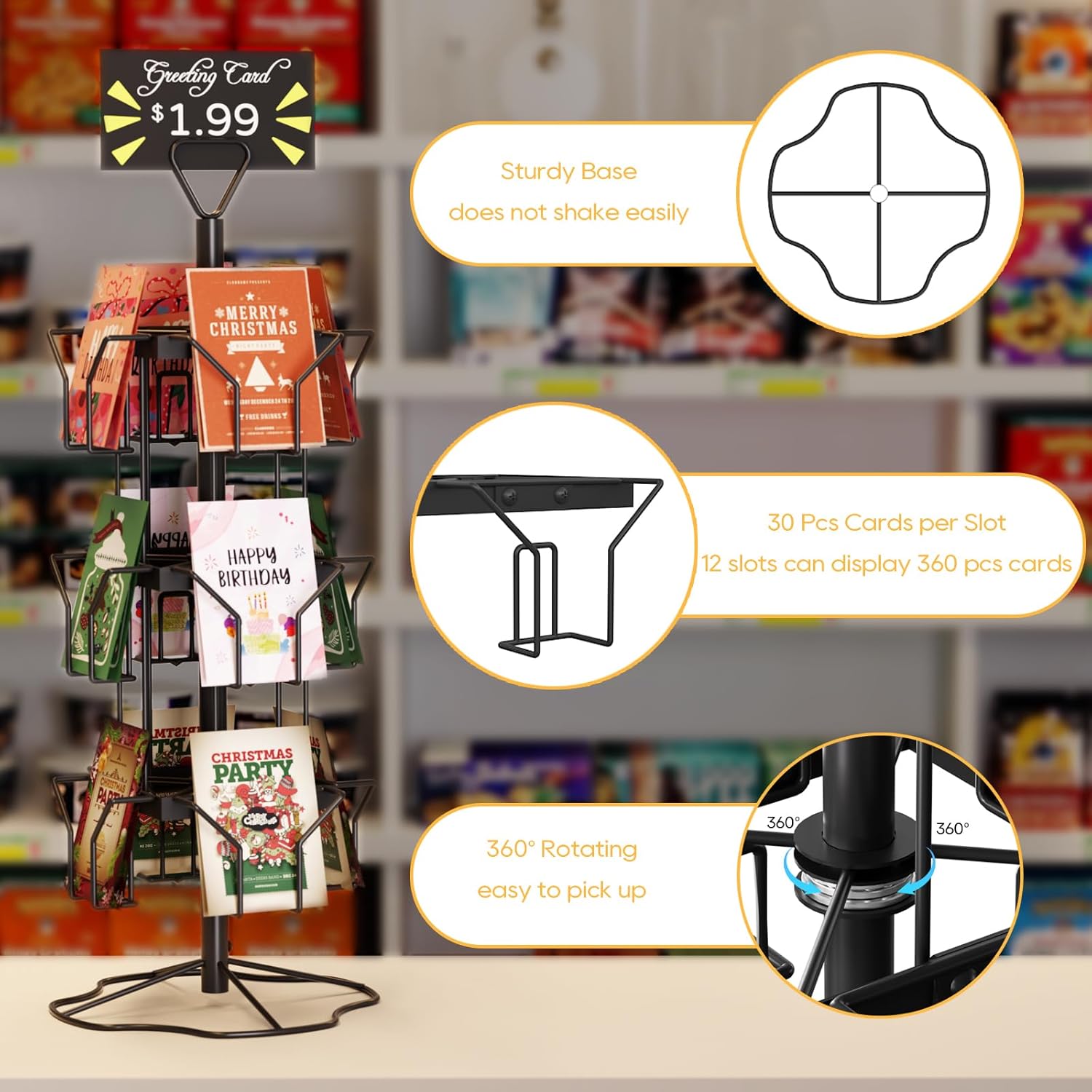 ORLESS Greeting Card Rack Display Stand, 3 Tier Rotating Card Holder Display Retail, 12 Pocket Metal Postcard Holder Display Stand, Greeting Card Holder for Postcards, Brochures, Stickers, Showcase(Black)