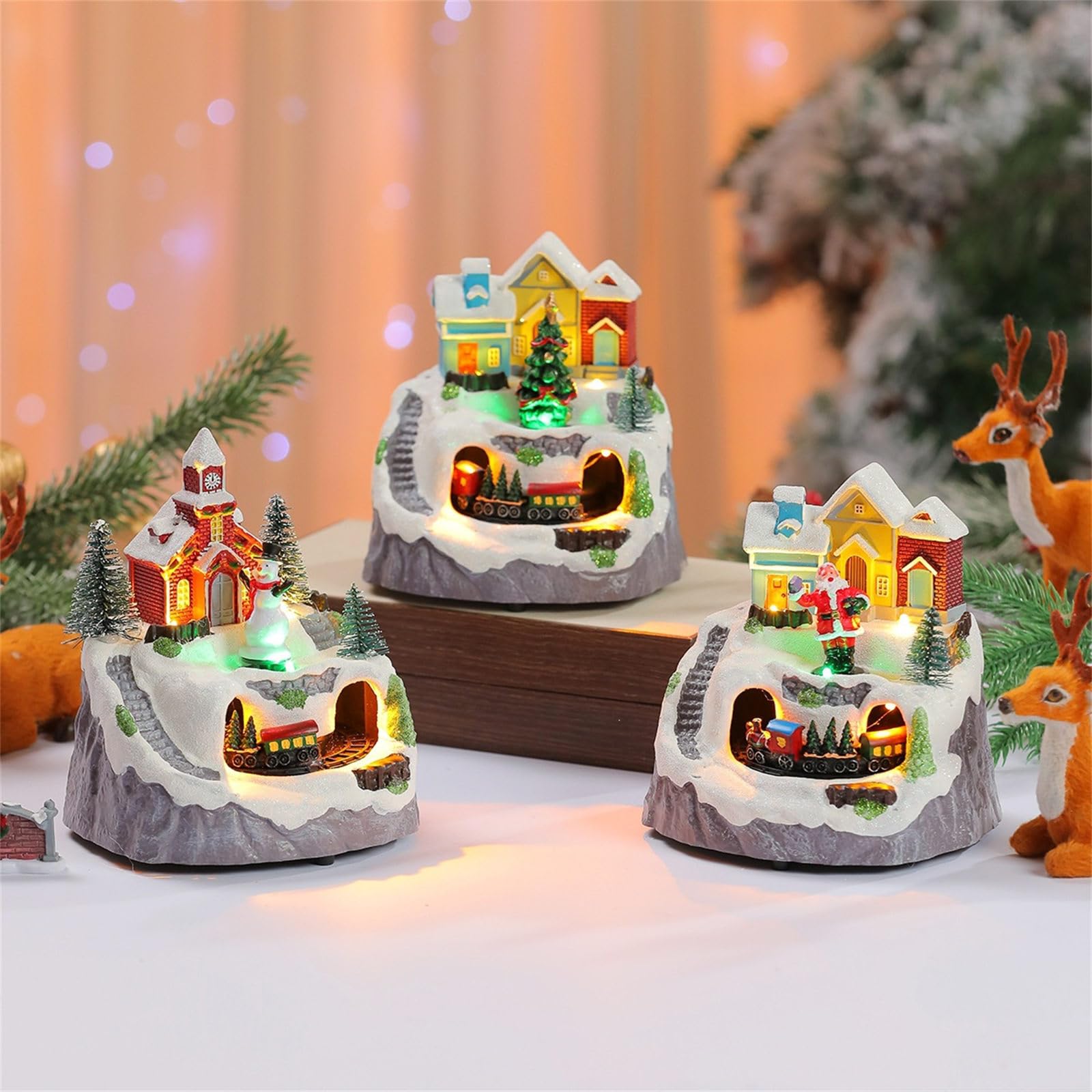 PANGBOER Scena Musicale Animata delle Case del Villaggio Natale con Figurine da Collezione Babbo Natale/Albero Rotante Decorazione Natalizia Decorazioni per la casa Statuetta delle Case del Villaggio