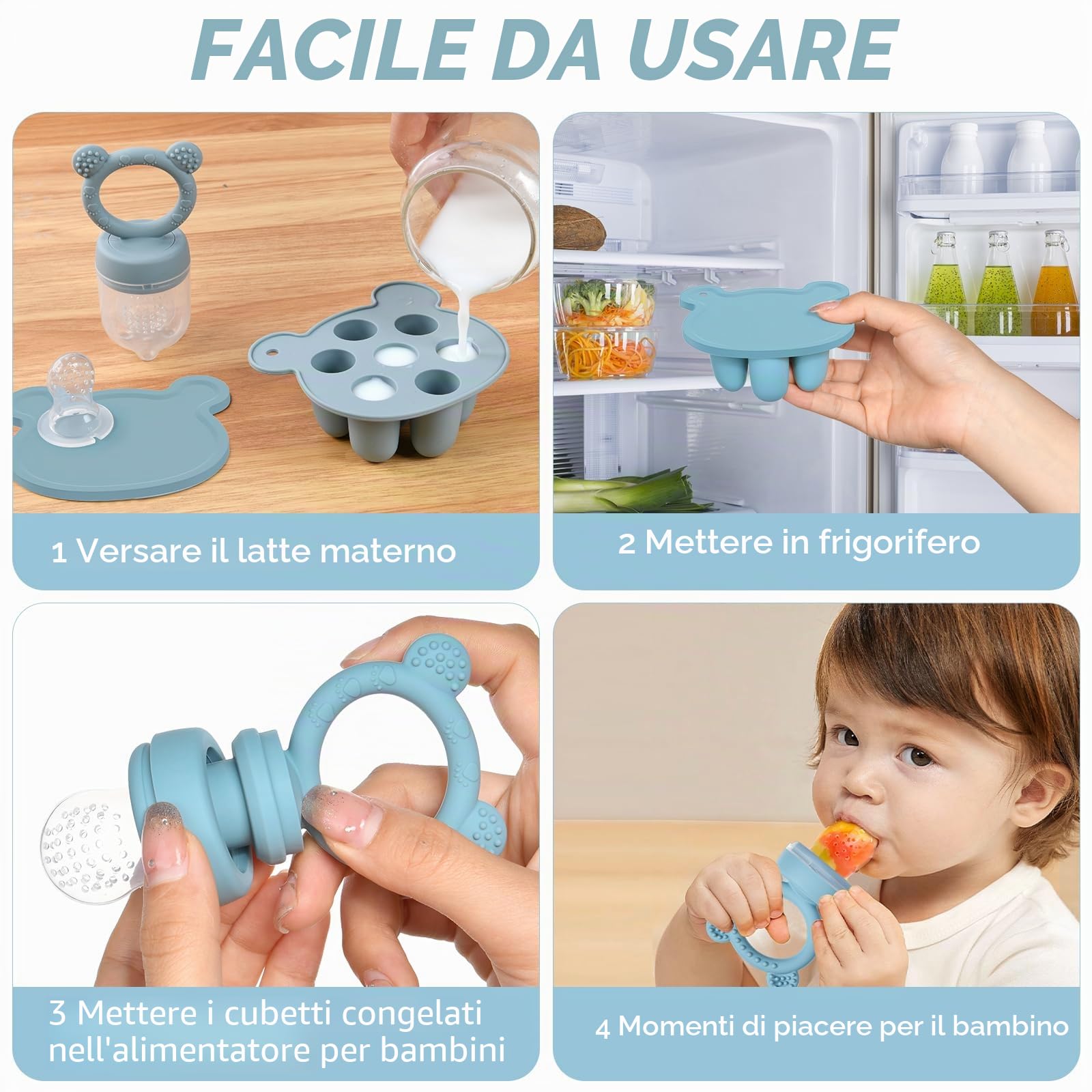 Ciuccio Per Alimenti Aolso, Ciuccio Per Frutta Alimentatore, Allevia Dolore Gengive, Vassoi Congelatore (Blu)