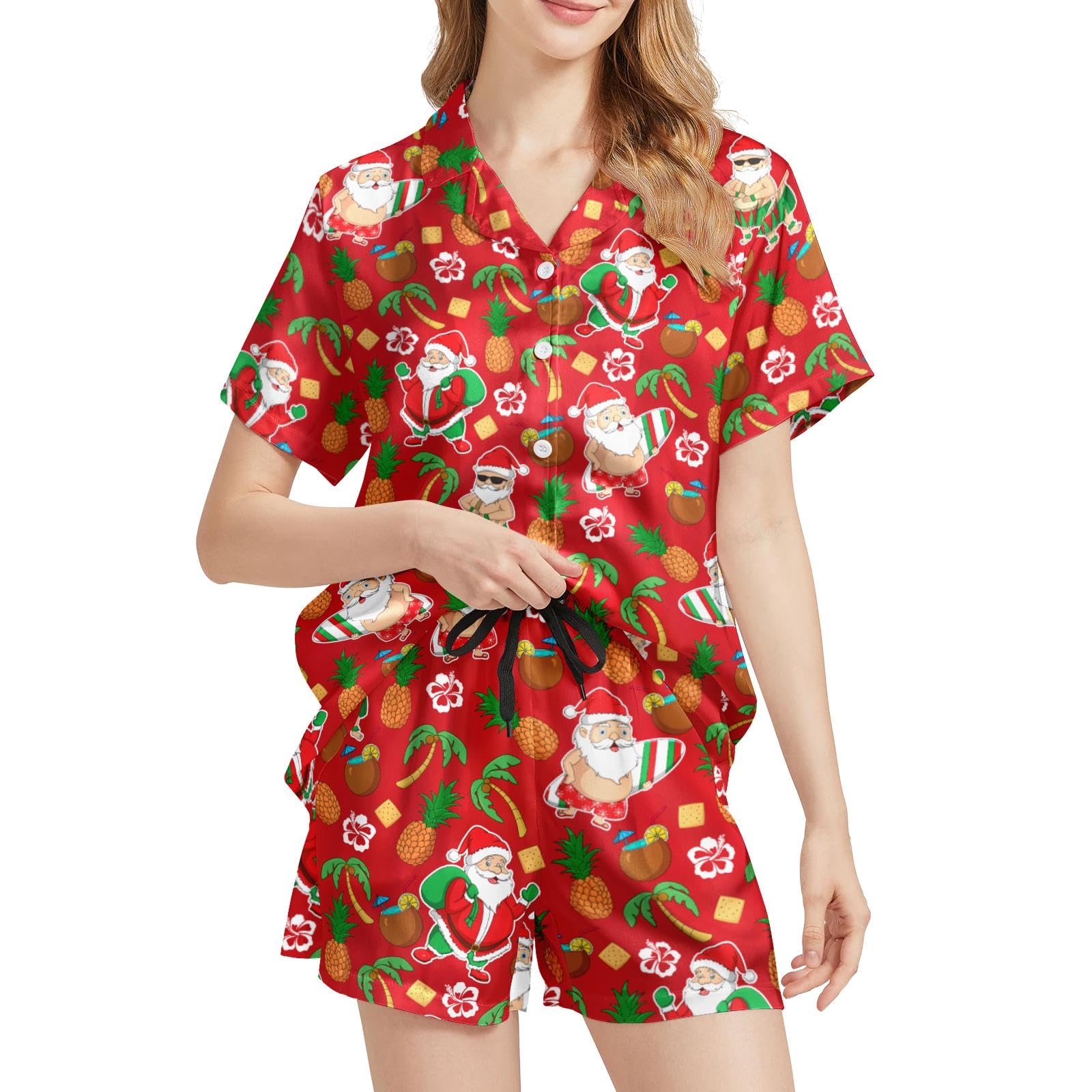 Funny Pajamas for Women Set Print Satin Loungewear Pjs Short Sleeve Button Down Top and Shorts Sets Sleepwear XS-3XL