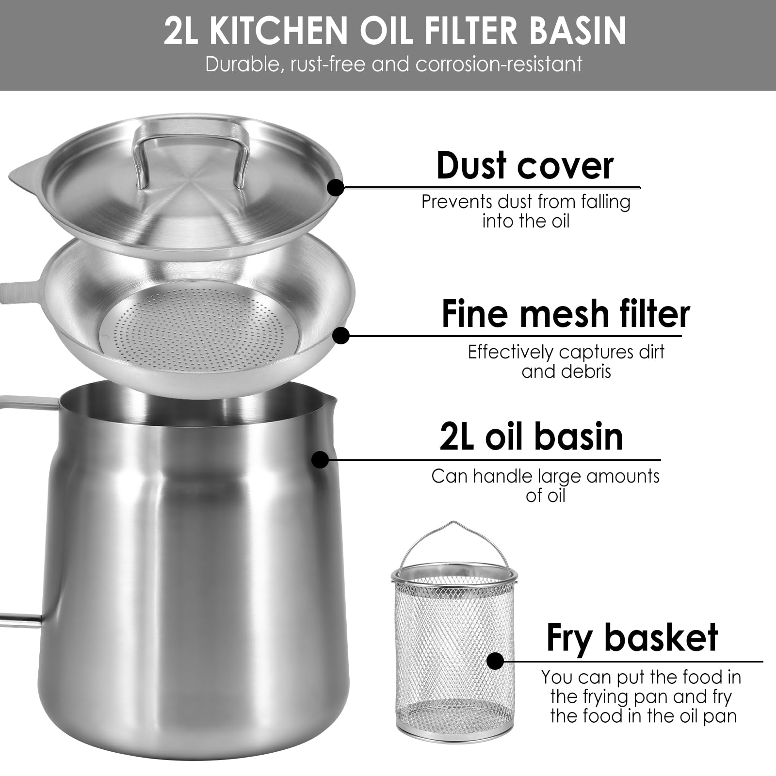 Vaso per filtro dell'olio in acciaio inox, 1,5 l/2 l, capacità, con filtro a rete fine e cestello per friggitrice, serbatoio per filtro dell'olio multifunzionale, contenitore per grasso per