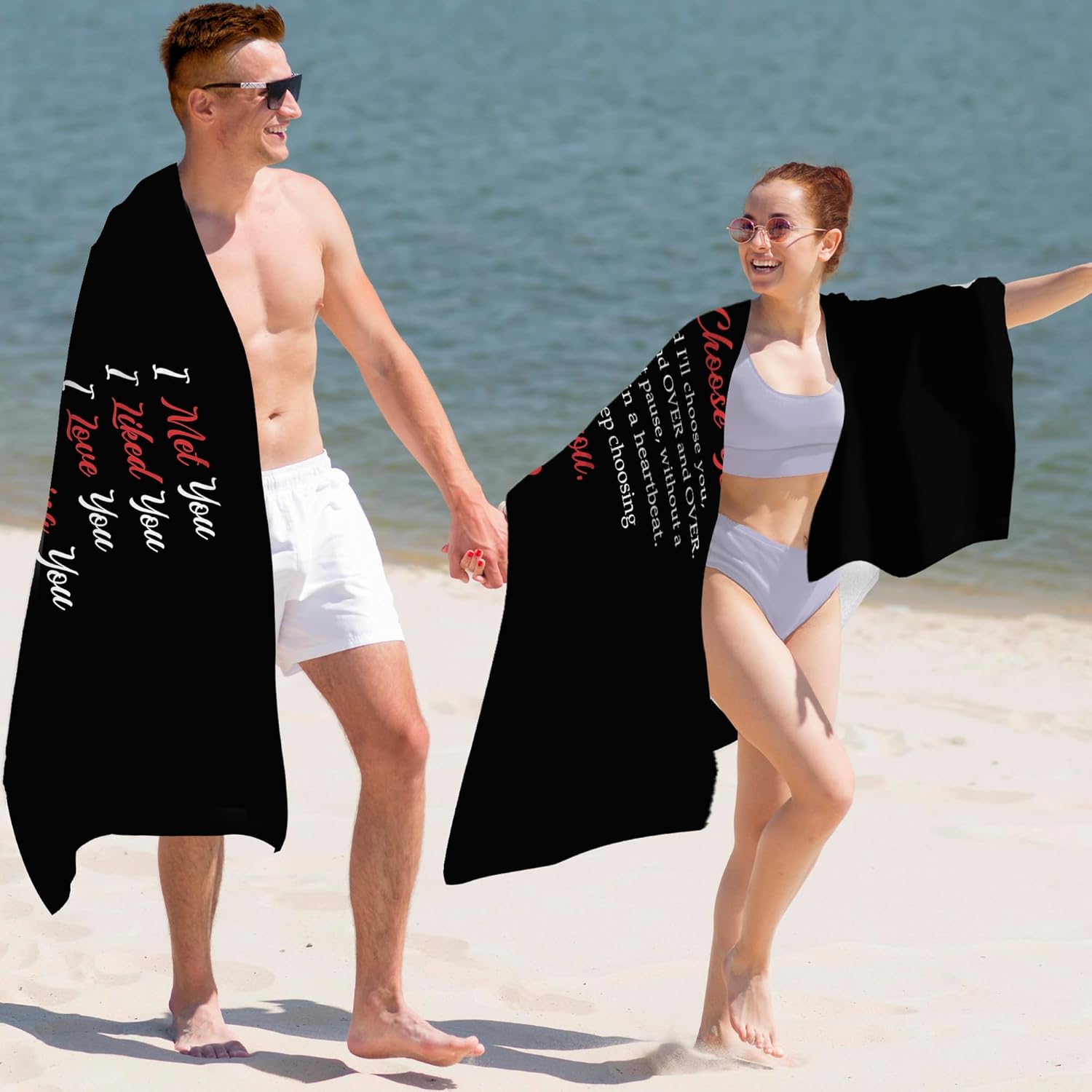 Couple I Choose You Love Beach Towel Set of 2, Honeymoon Wedding Beach Towels Valentines Day Gifts for Newlywed Bride Groom Him Her, Black Beach Towels Oversized Decor for Bathroom 30x60 in - Image 2