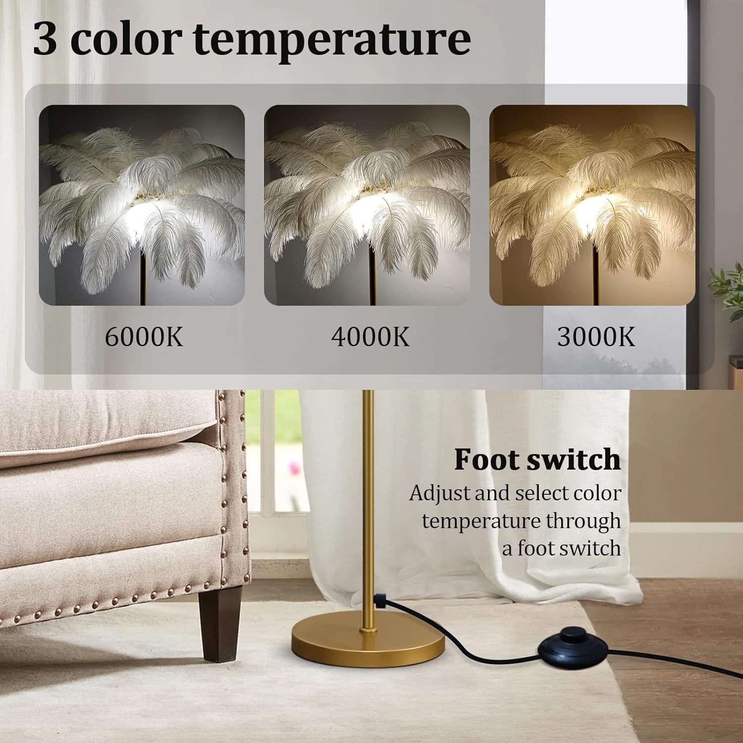 Natural Ostrich Feather Floor Lamp, Modern Bedroom Feather Lamps,160cm Dimmable Floor Standing Lamp Golden Lamp Body,for Kids Room Decor Bedside Table Bedroom Living Room Lamp (White)