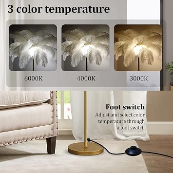 Natural Ostrich Feather Floor Lamp, Modern Bedroom Feather Lamps,160cm Dimmable Floor Standing Lamp Golden Lamp Body,for Kids Room Decor Bedside Table Bedroom Living Room Lamp (White)
