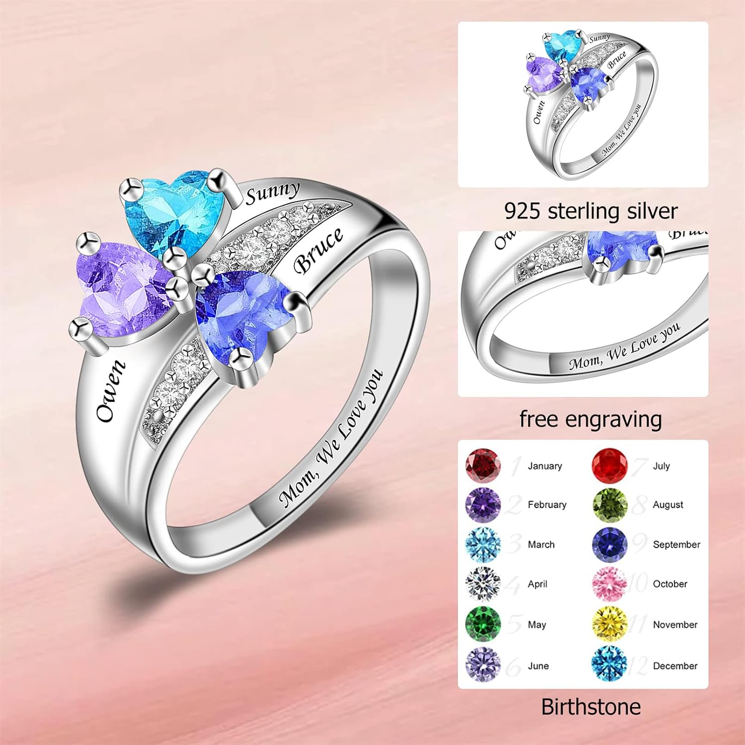 Sterling Silver Personalized Mothers Rings Gifts for Mother’s Day with 2-6 Simulated Birthstones Custom Family Name Ring Jewelry for Women Mom Grandmother