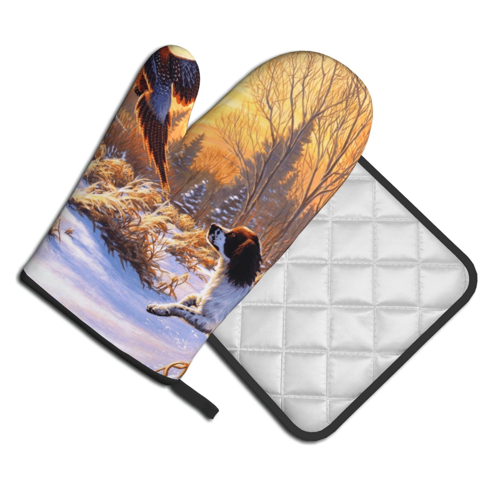 Oven Mitts and Pot Holders Set of 2 Pcs, Dog Catching Pheasant Printed Heat Resistant Kitchen Gloves Potholders for Cooking Baking Grilling