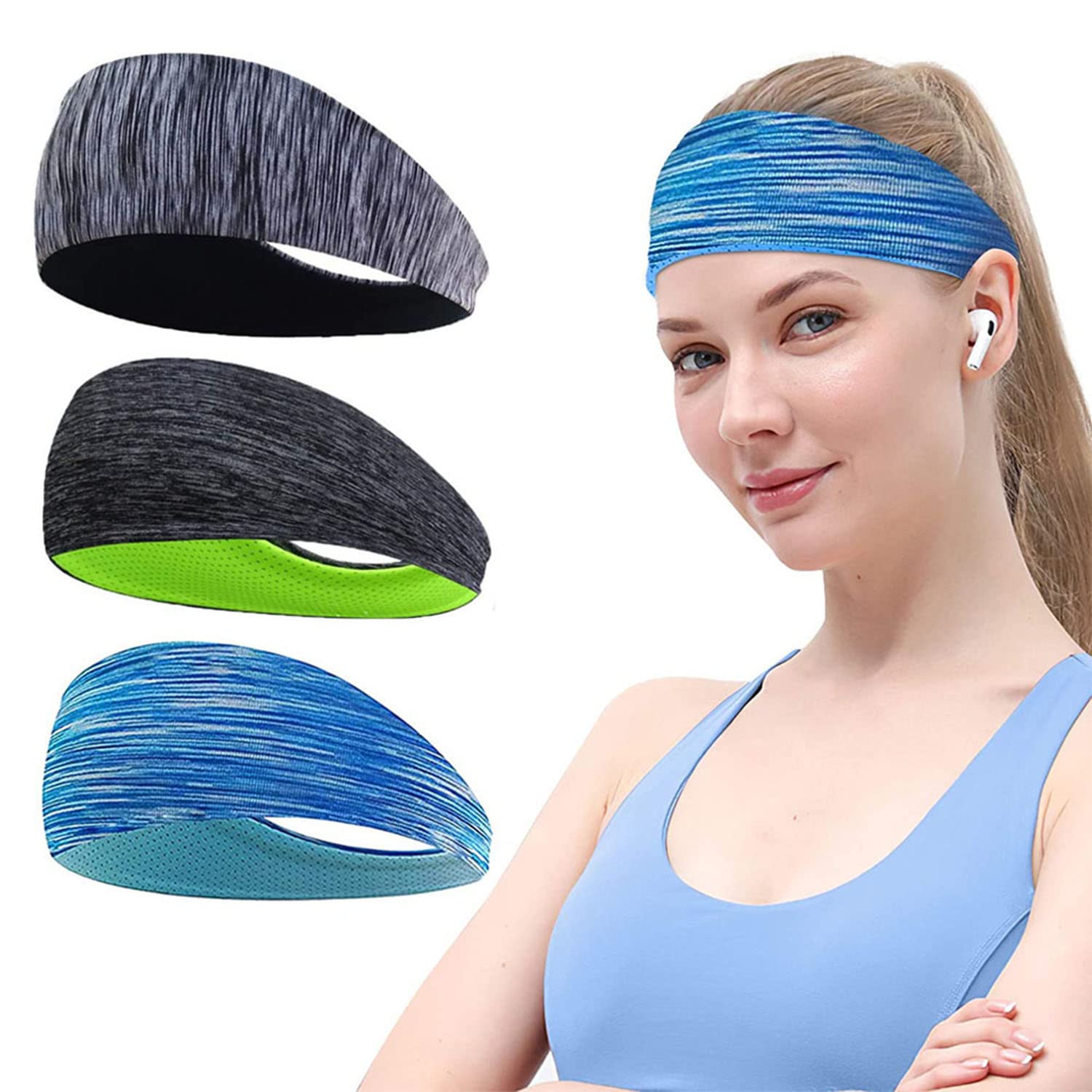 3 Piezas Cintas Deportivas para Hombre y Mujer, Diadema Deportiva Ancha, Elástico Antideslizante Cinta para el Sudor Deportiva, Diadema Yoga, para Fitness, Correr, Ciclismo