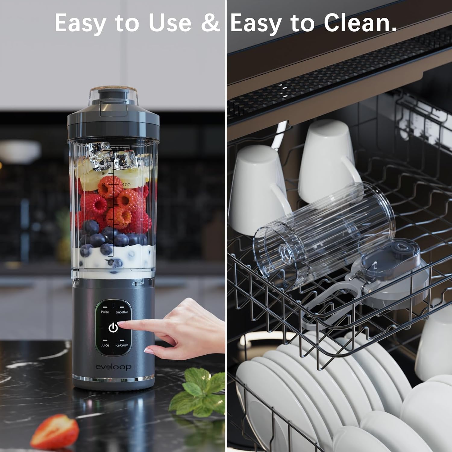 Personal Blender, Portable Blender for-Smoothies and Shakes, Ice crush, Juice, Pulse, 4 Programs, Cordless, USB-C Rechargeable, 18 oz removable Vessel, Lids and Straws, BPA Free, Dishwasher Safe