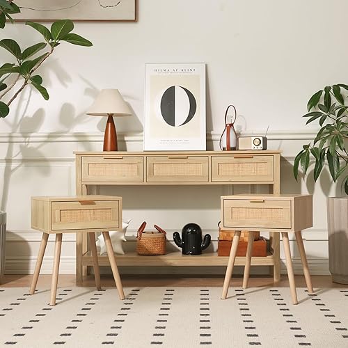 Miniatura 8 de LAZZO Juego de 2 mesitas de noche de madera para dormitorio, con cajón de tejido de ratán, mesa auxiliar para almacenamiento de dormitorio (juego de