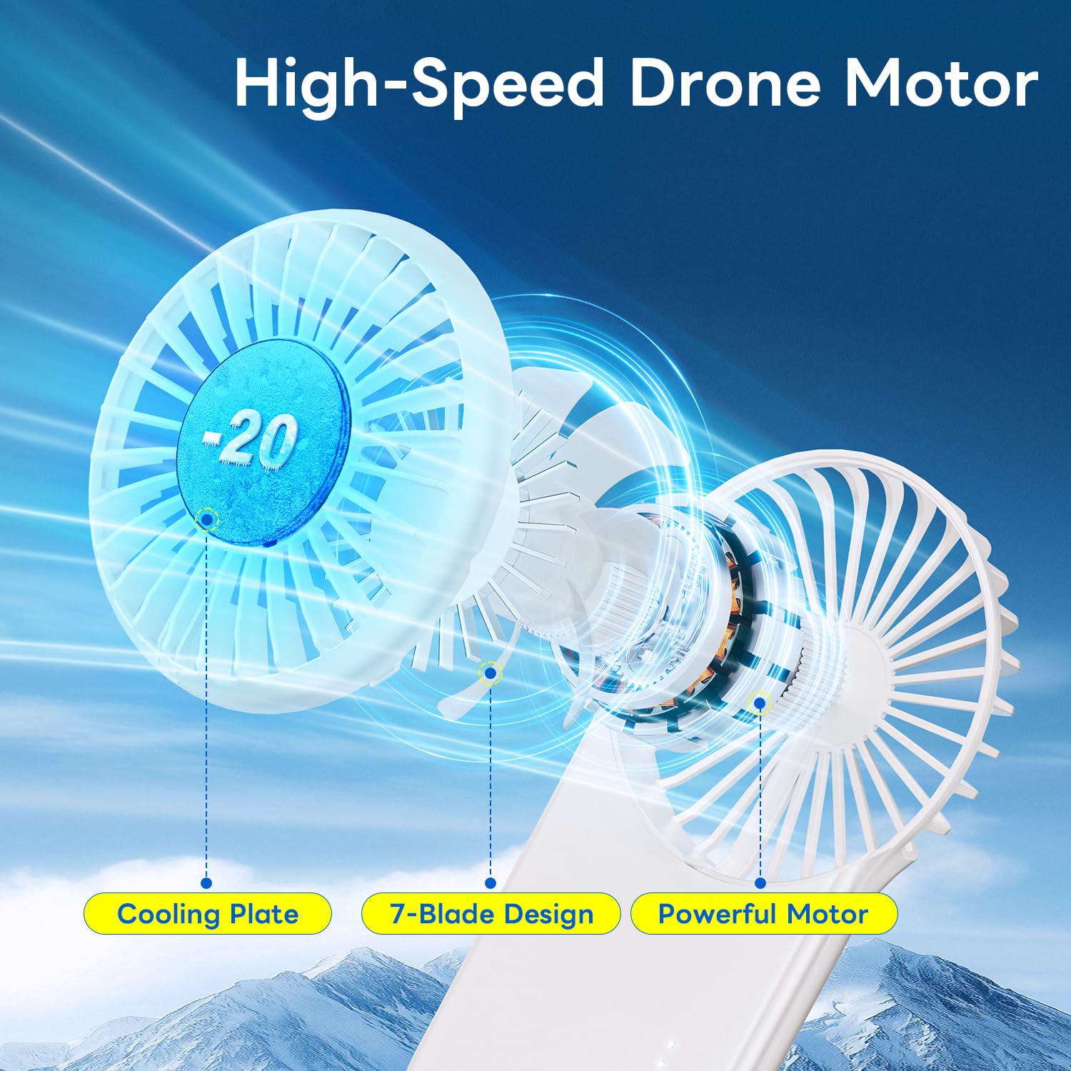 Mini ventilatore portatile con piastra di raffreddamento, piccolo e potente, design carino a 5 velocità, ventilatore portatile, leggero, ricaricabile tramite USB, per viaggi, trucco per