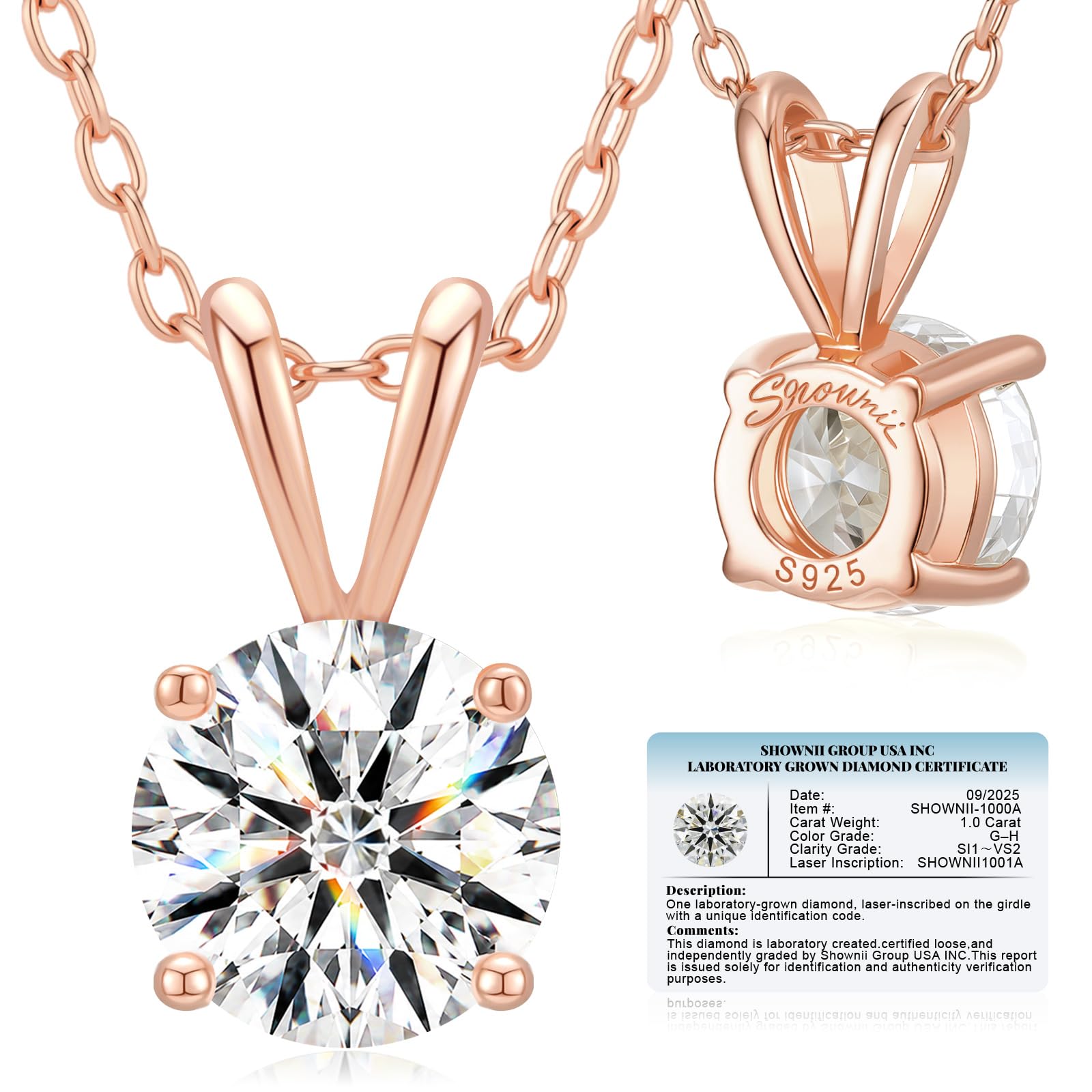 shownii 1CT LAB GROWN Round Diamond Necklace for Women