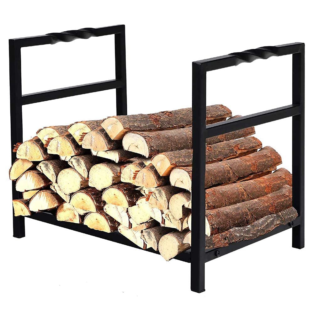 Rustic Black Metal Rectangular Firewood Log Holder Rack with Cutout and Elevated Design, W 15.7" X D 13.8" X H 14.2"