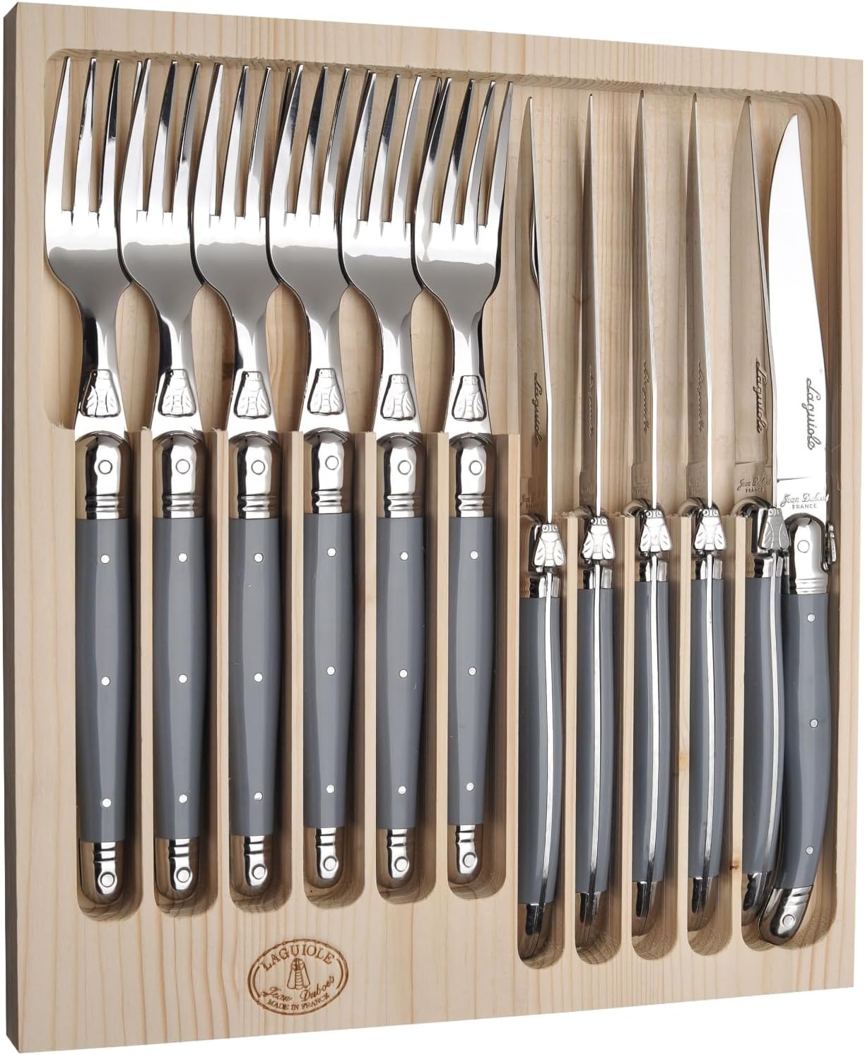 Jean Dubost Laguiole 12-Piece Flatware Set, Gray Handles - Rust-Resistant Stainless Steel - Includes Wooden Tray - Made in France