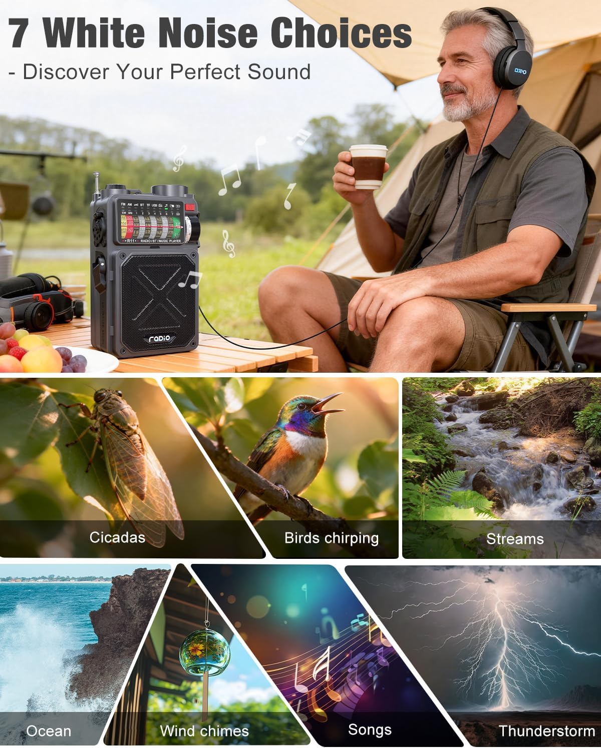 R11 Portable Shortwave Radio - 4000mAh/14800mWh NOAA/SW/AM/FM, Solar/Hand Crank/USB Charging, Bluetooth Receiver/USB/TF Playback,with Compass,Flashlight,SOS for Camping & Emergencies - Grey - Image 7
