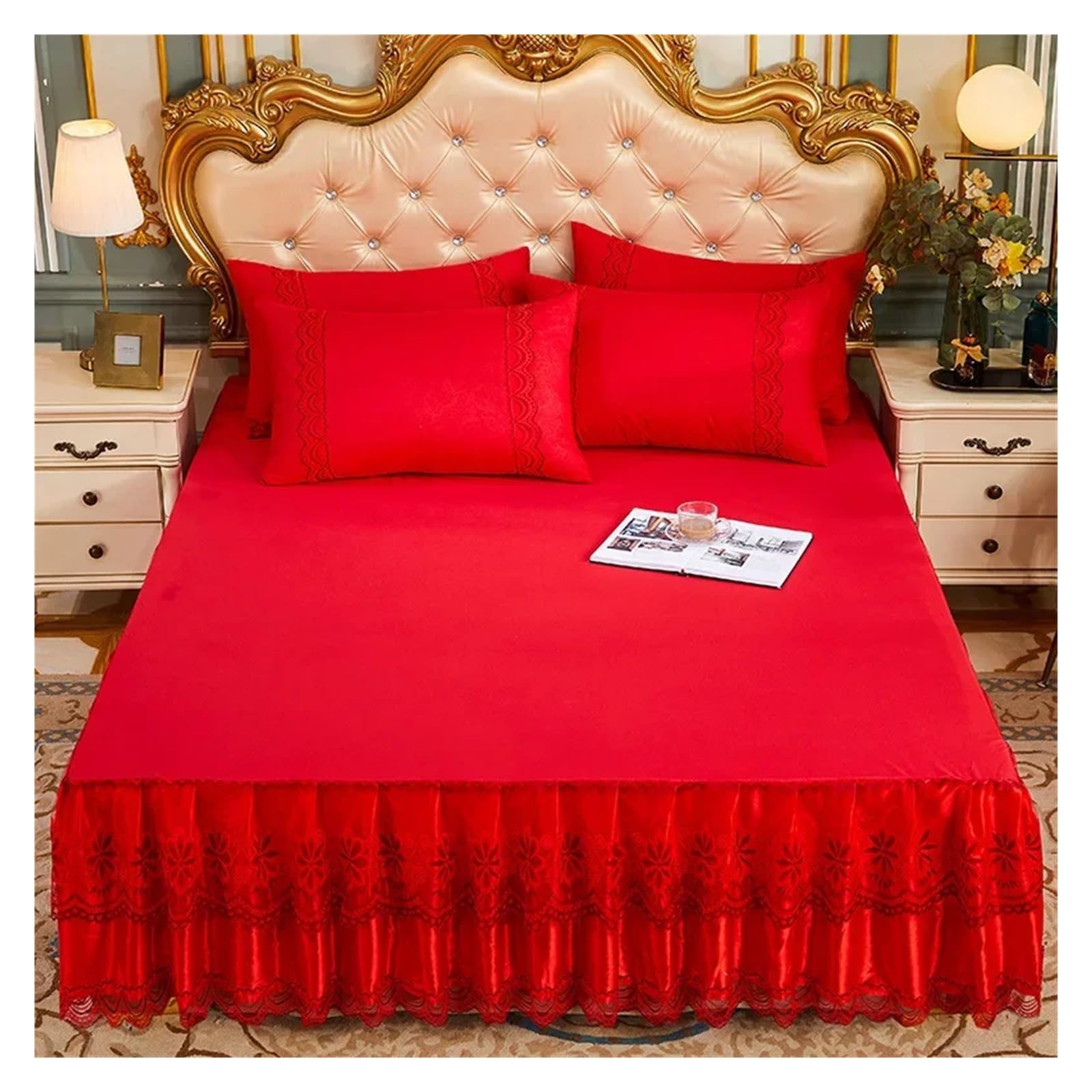 Lace Ruffled Bedroom Bed Skirt Non-slip Mattress Cover Bedspread King Size(Color 13,1PC 150x200cm)