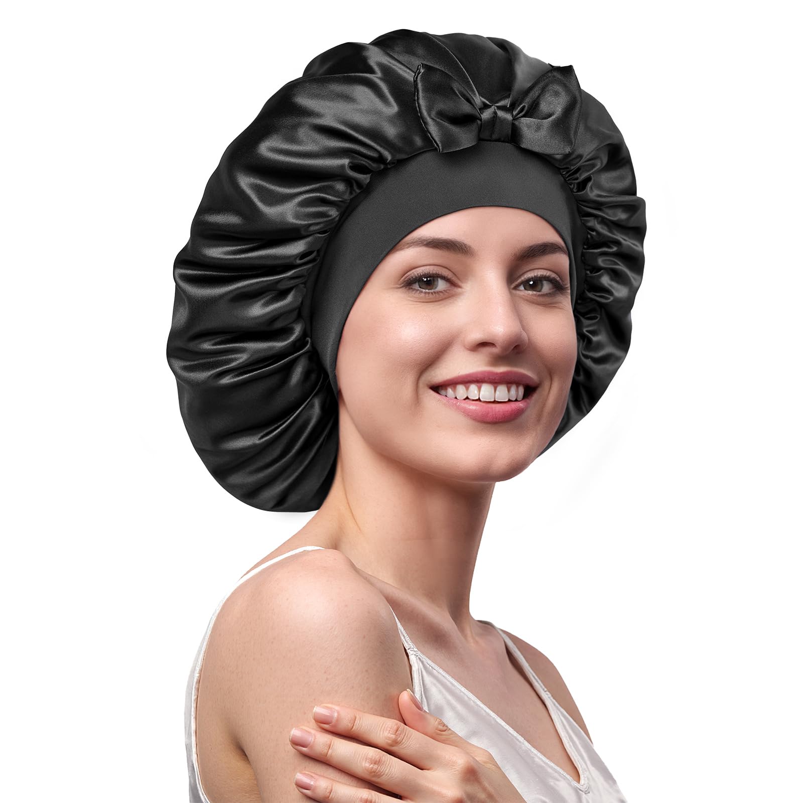 Umisleep 100 % Maulbeerseide 22 Momme große Seidenhaube zum Schlafen, doppellagig, rutschfest und atmungsaktiv, mit verstellbarem Band für lange, lockige Haare, Schwarz