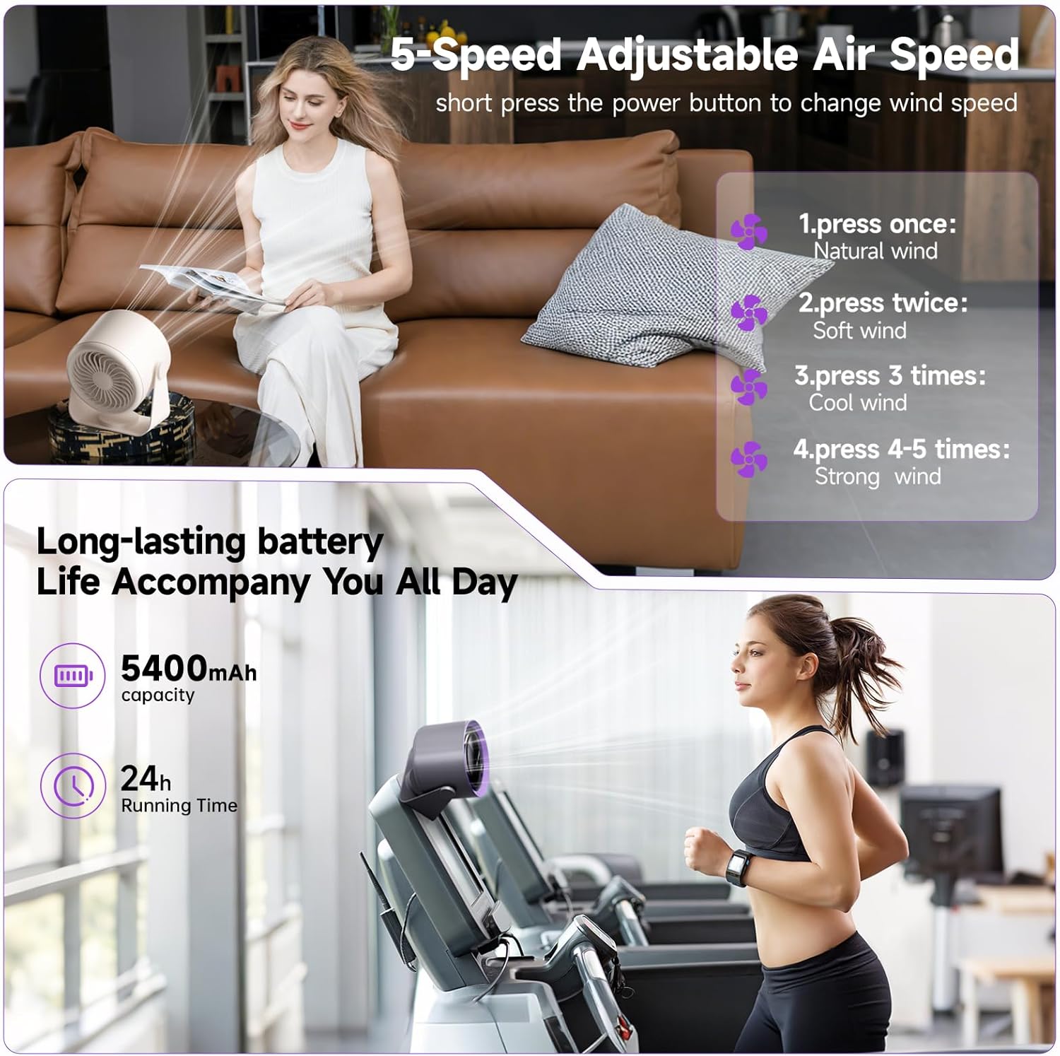 Rechargeable USB Desk Fan with Digital Display, 5-Speed Ultra Quiet Table Fan, 90° Manual Tilt & Hangable Fan for Bedroom, Kitchen, Camping, Office，Living Room