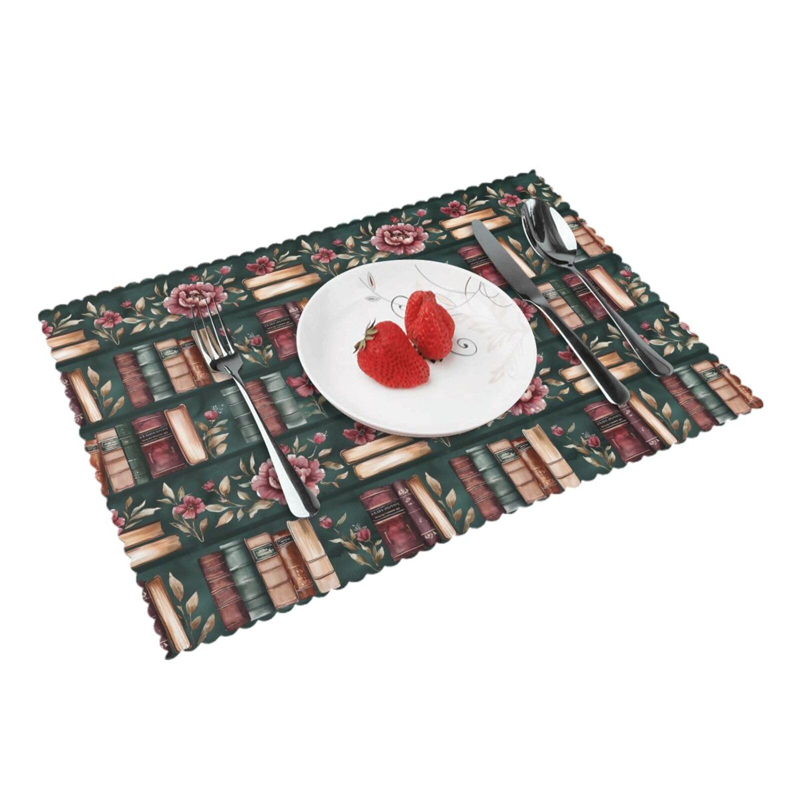 Bookshelf Books Flowers Placemats Set of 4 Print Table Mats Place Mats Table Decor for Kitchen Dining 12X18 in