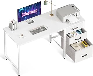 Coleshome Secretária com 3 Gavetas de Tecido, 120x48cm Secretária Espaçosa com Suporte para Fones de Ouvido, Secretária de Computador Reversivel para Escritório em Casa, Branco