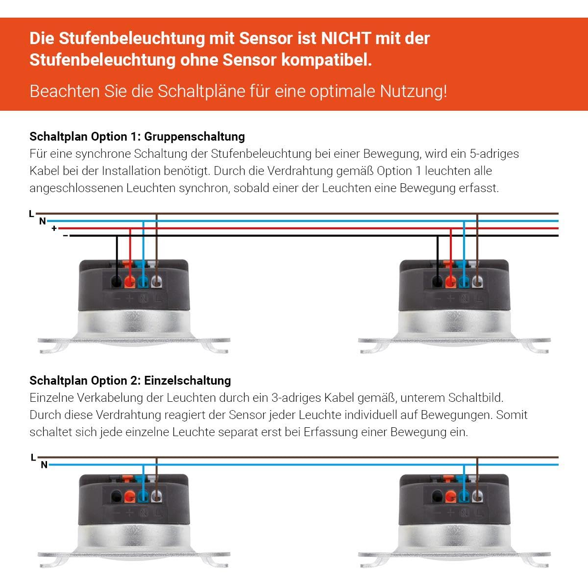 LED Treppenleuchte mit Bewegungsmelder rund weiß Lichtfarbe auswählbar (CCT) - Lichtaustritt: Orbis